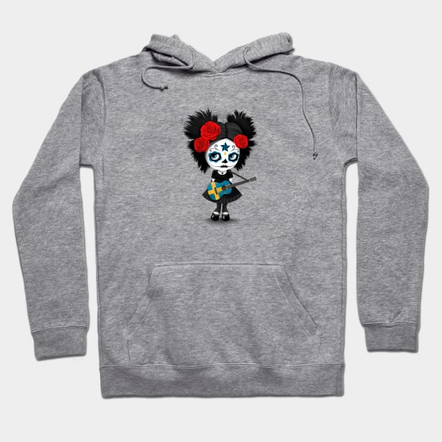 Sugar Skull Girl Playing Swedish Flag Guitar Hoodie by jeffbartels